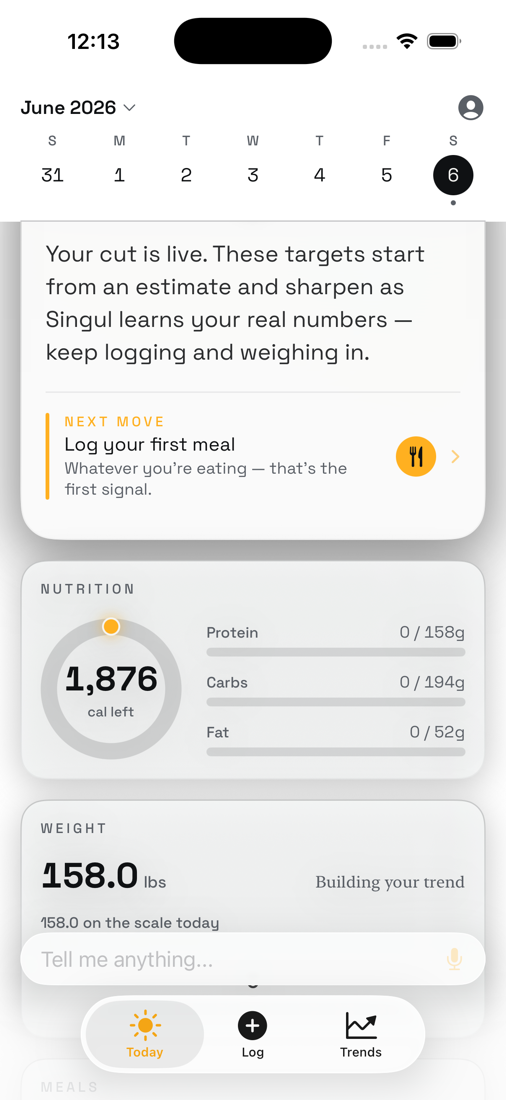 Singul's Today screen showing an active cut: an adaptive coach note, the day's next move, calorie and macro targets, and a weight trend